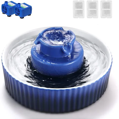 Miniatura 9 de Fuente de agua de cerámica para gatos, 2.1L/71 onzas, fuente para cupcakes para gatos y perros en interiores, 2 bombas ultra silenciosas (morado)