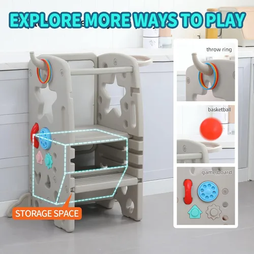 Miniatura 5 de UNICOO Taburete multifuncional para niños con doble riel de seguridad, altura ajustable, torre para niños pequeños para encimera de cocina y baño
