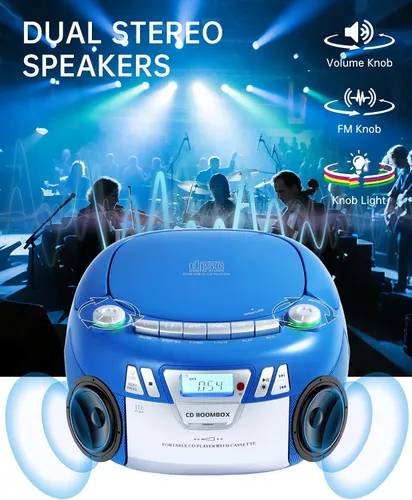 Miniatura 2 de Boombox - Reproductor de CD con Bluetooth y reproductor de cassette, radio AM/FM portátil, entrada MP3/USB/AUX, sistema de sonido estéreo