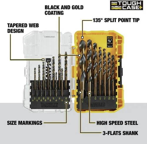 Miniatura 4 de DEWALT Juego de brocas, 21 brocas DEWALT de acero de alta velocidad, revestimiento de óxido negro y dorado, punto dividido de 135 grados, hélice