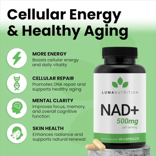 Miniatura 8 de Luma Nutrition Suplemento NAD+ de 500 mg por porción (250 mg por cápsula) – Envejecimiento más energía, metabolismo y apoyo celular – Suplementos