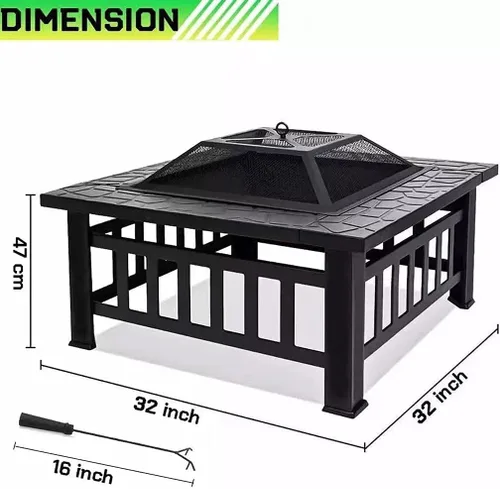 Miniatura 2 de Mesa para hoguera de 32 pulgadas para exteriores, hoguera de leña con cubierta impermeable, pantalla de chispas y parrilla, parrilla cuadrada