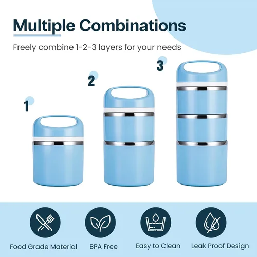 Miniatura 2 de Lille Home Contenedores de Almuerzo Apilables de Acero Inoxidable, Capacidad de 43OZ 3 Capas Caja Bento a Prueba de Fugas para Adultos, Lonchera