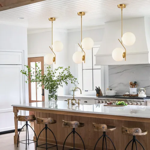 Miniatura 3 de BOKT Lámpara colgante de globo moderna de mediados de siglo con 2 luces minimalista de oro cepillado iluminación colgante de isla de cocina Lámpara
