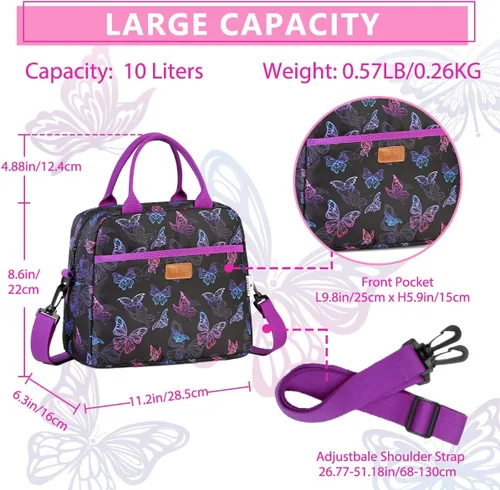 Miniatura 3 de VX VONXURY - Lonchera para mujeres y niñas, bolsa de almuerzo aislada, bonita bolsa de almuerzo con mariposa morada, contenedor de alimentos