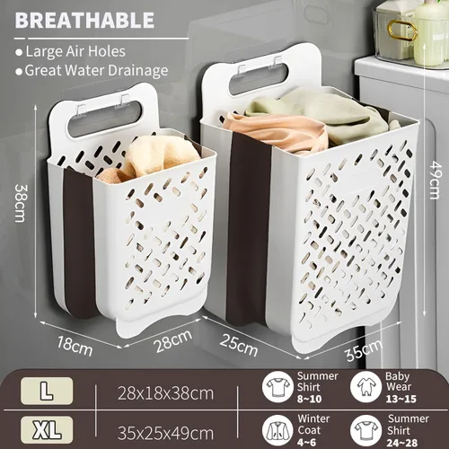 Miniatura 4 de Cestas de lavandería plegables de plástico con asa de transporte, cesta de lavandería para colgar en la pared que ahorra espacio, cesta de Gris