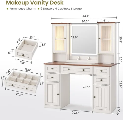Miniatura 2 de MSmask Escritorio de tocador de maquillaje con espejo y luces, mesa de tocador grande con 2 gabinetes RGB, tocador con superficie de vidrio con 5