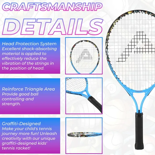 Miniatura 3 de AMA SPORT Raqueta de tenis para niños pequeños, kit de iniciación de raqueta de tenis de 17 a 25 pulgadas para niñas y niños con bolsa de nailon azul