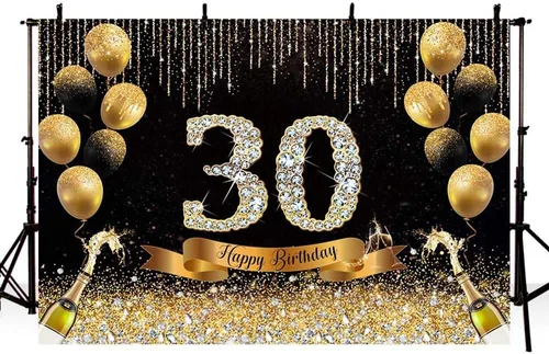 AIBIIN Telón de fondo de 30 cumpleaños negro y dorado de 7 x 5 pies con texto en inglés "Cheers to 30" Anniversary Photography Background Women Gold