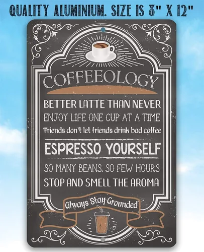 Miniatura 6 de Coffeeology - Letrero de metal con citas de café, arte de pared divertido vintage de 8 x 12 pulgadas, letrero de lata duradero para cafetería