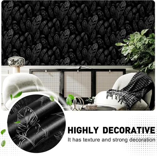 Miniatura 3 de Papel tapiz negro para despegar y pegar de 17.7 x 80 pulgadas, papel tapiz de plumas extraíble, moderno, papel de pared de vinilo impermeable, papel