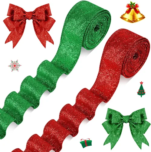 Miniatura 12 de 2 Rollos 20 Yardas Cinta de Navidad con Alambre Cinta Gruesa con Purpurina Cinta Metálica con Alambre para Envolver Regalos Cinta de Árbol