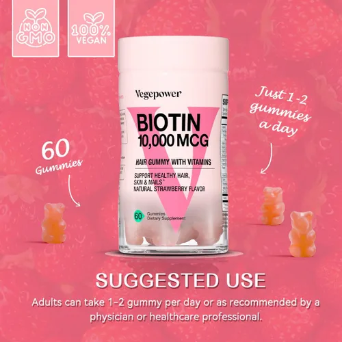 Miniatura 7 de Gomitas de biotina para el crecimiento del cabello, 10000 mcg, vitaminas de biotina veganas que apoyan el cabello, la piel y las uñas saludables