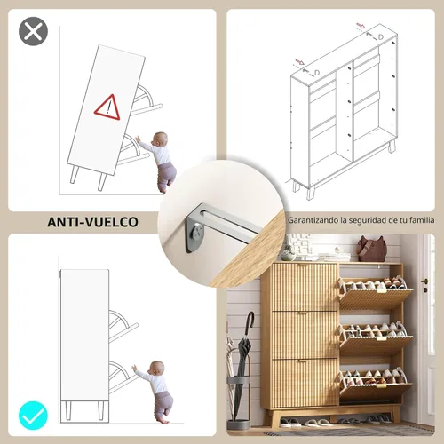 Miniatura 6 de HUANLEGO Zapatero de almacenamiento para entrada con 6 cajones abatibles, organizador de zapatos estrecho acanalado con patas de madera, zapatero