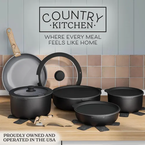 Miniatura 2 de Country Kitchen Juego de utensilios de cocina con mango extraíble, juego de ollas y sartenes aptas para horno y RV, mango de madera negro/gris