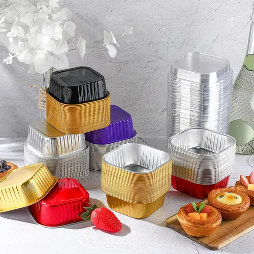 Miniatura 3 de Aoriher 150 piezas de moldes mini para pasteles de 10 onzas con tapas, tazas de horneado de papel de aluminio cuadradas desechables de 4" x 4