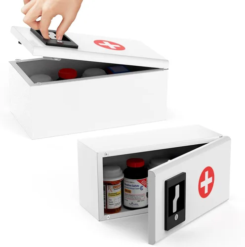 Miniatura 10 de Botiquín de medicina con bloqueo, caja de almacenamiento de primeros auxilios de acero para montaje en pared con cerradura de llave, organizador