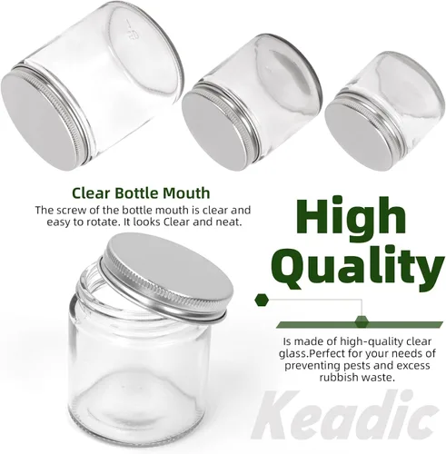 Miniatura 3 de Keadic Juego de 15 tarros de vidrio de 2.0 fl oz/2 onzas con tapas, mini tarros redondos herméticos para muestras de conservas con tapas plateadas