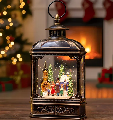 Miniatura 30 de Gnomos de Navidad de 10 pulgadas, linterna de globo de nieve iluminada, caprichoso árbol de Navidad y elfo escandinavo, linterna de agua musical