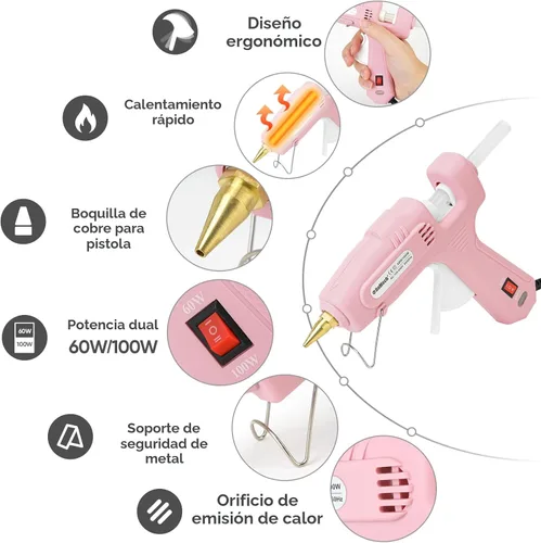 Miniatura 2 de ROMECH Pistola de pegamento caliente de tamaño completo con alimentación dual de 60/100 W y 21 barras de pegamento caliente (7/16"), pistola de Rosa