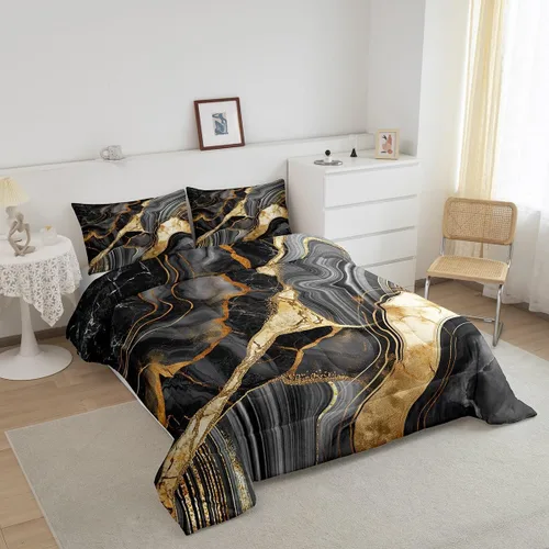Miniatura 2 de Juego de edredón de mármol negro individual, ropa de cama dorada agrietada para adultos, hombres y mujeres, juegos de edredón de textura metálica