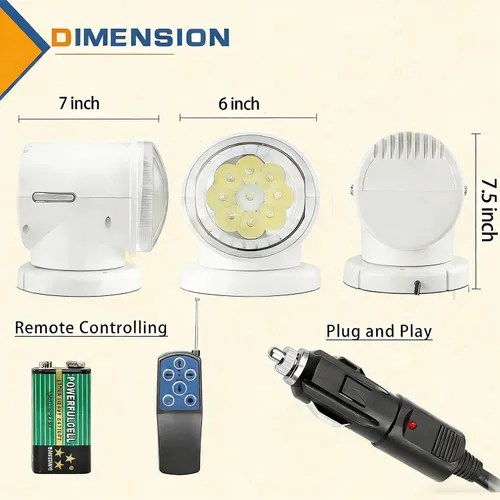 Miniatura 2 de Luz de búsqueda con control remoto LED para camión, barco, auto, lámpara de respaldo blanca de reinicio automático 60W 6000lm, búsqueda para caza