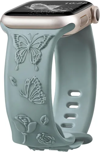 Miniatura 7 de Melyis Correa deportiva de silicona suave grabada con diseño floral y mariposa compatible con Apple Watch de 1.575 pulgadas, 1.614 pulgadas, 1.496