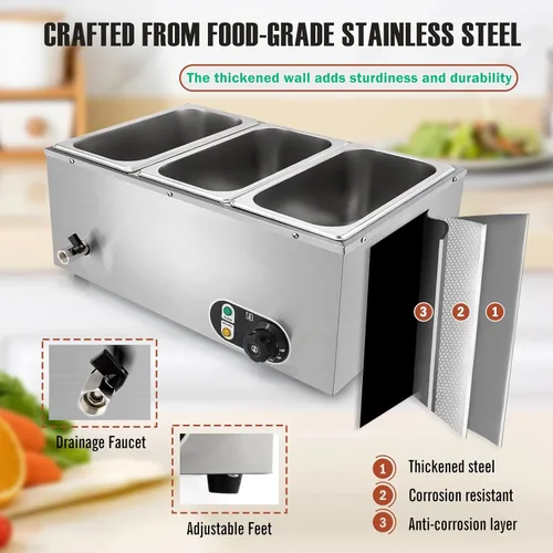 Miniatura 5 de Calentador de alimentos comercial de 3 sartenes, calentador eléctrico de alimentos de acero inoxidable de 1500 W, sartén de mesa de vapor de 6.9