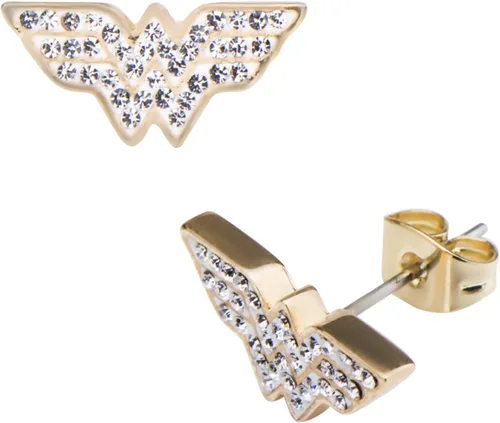 Aretes hipoalergénicos con licencia oficial de DC Comics Wonder Woman con logotipo chapado en oro con gemas transparentes, talla única, Plástico