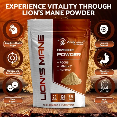 Miniatura 3 de WELLNESS LABSRX Polvo de melena de león, suplemento de hongos – 2000 mg – Suplemento de melena de león – Complementos cerebrales en polvo de hongo