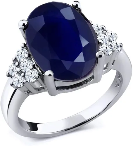 Gem Stone King Anillo de compromiso de plata de ley 925 con zafiro azul para mujer (5.30 quilates, ovalado de 0.472 x 0.394 in, piedra natal con