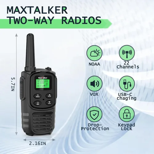Miniatura 2 de Walkie Talkies MaxTalker de largo alcance para adultos, MT10 Walkie Talkies recargables FRS de 2 vías, NOAA, batería de 1200mAh Li-ion con cable