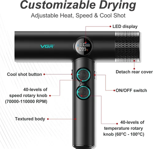 Miniatura 3 de VGR Secador de pelo iónico negativo 401, secador profesional de motor BLDC para secado rápido, pantalla LED, termo de bajo ruido y secador de pelo