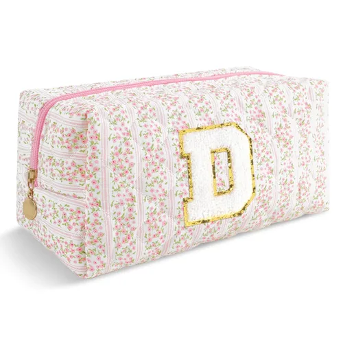 Miniatura 105 de Pequeña bolsa de maquillaje personalizada con inicial A-Z Preppy Patch, bolsa de cosméticos de viaje de felpilla blanca con cremallera, bonita bolsa