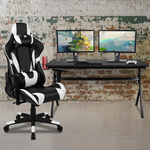 Miniatura 43 de Flash Furniture Juego de escritorio para juegos negro y silla de carreras blanco/negro con soporte para tazas, gancho para auriculares y soporte