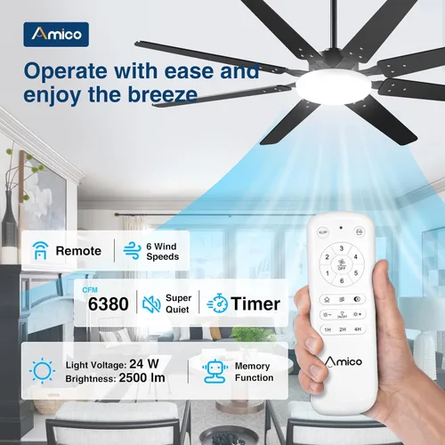 Miniatura 2 de Amico Ventiladores de techo de 64 pulgadas con luces, ventilador de techo grande con luz y control remoto, regulable, motor de CC silencioso