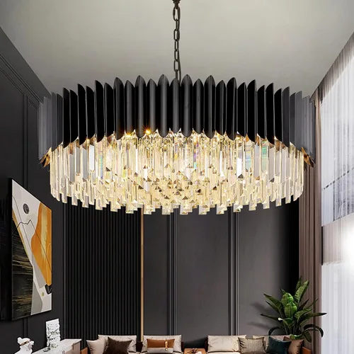 Miniatura 12 de Candelabro de cristal negro de 20 pulgadas, K9, luces colgantes redondas, ajustables, de 4 niveles, gran lámpara de cristal moderna, 6 luces