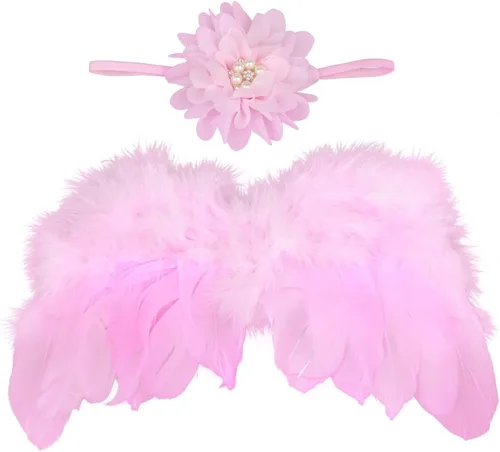 Katutude Accesorios de fotografía para bebé recién nacido, alas de ángel de plumas rosadas, conjunto de diadema de flores, accesorios de fotos para