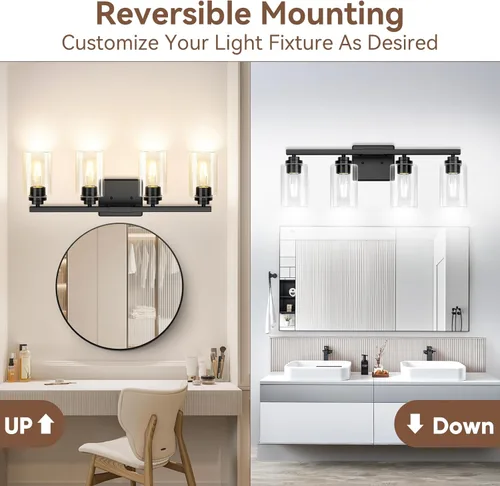 Miniatura 2 de VerRon 4 luces de baño, modernas luces de tocador negro mate sobre espejo con pantallas de vidrio transparente, aplique de pared de baño