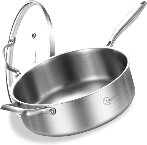 Miniatura 11 de LOLYKITCH Sartén tricapa de acero inoxidable de cuerpo entero de 5.5 QT con tapa, sartén para freír de 12 pulgadas, olla grande, apta para Plateado