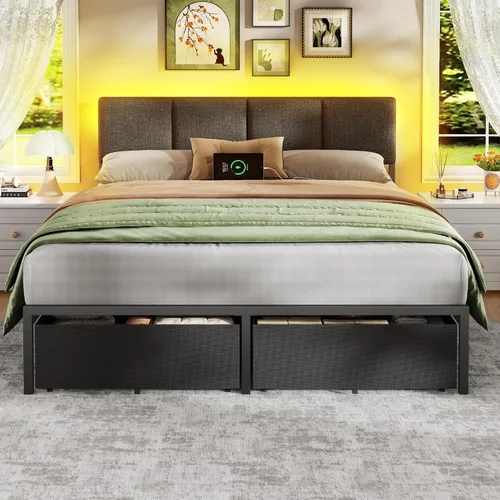 Miniatura 6 de Furnulem Marco de Cama Queen con Cabecera Ajustable, Cama Tapizada con 2 Cajones de Almacenamiento, Estación de Carga USB Integrada y Luces LED, Gris