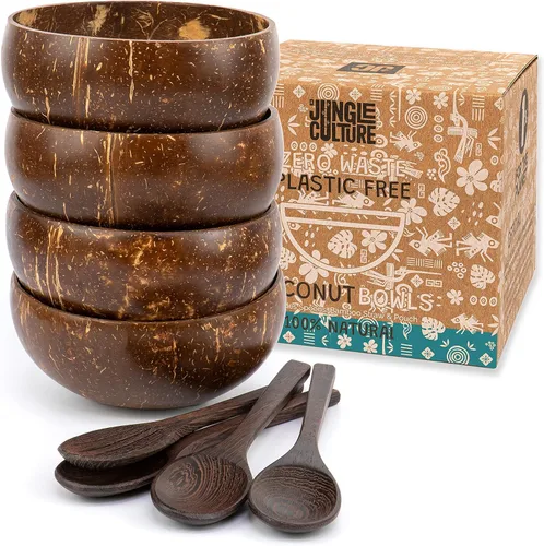 Miniatura 10 de Jungle Culture Juego de 2 cuencos de coco pulido y cucharas de madera con pajitas de bambú • Tazones de yogur natural y batidos ideales para creami