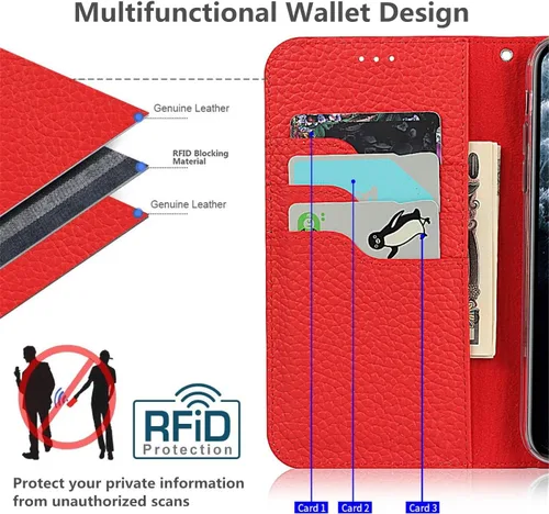Miniatura 3 de iCoverCase Compatible con iPhone 13 Pro Max, funda magnética de piel auténtica con bloqueo RFID, correa para la muñeca y ranuras para tarjetas, Rojo