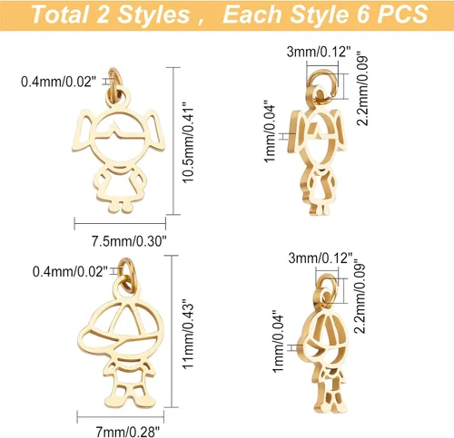 Miniatura 2 de DICOSMETIC 12 dijes de género humano de 2 estilos, dijes de filigrana huecos, dijes dorados de acero inoxidable con anillo de salto para hacer