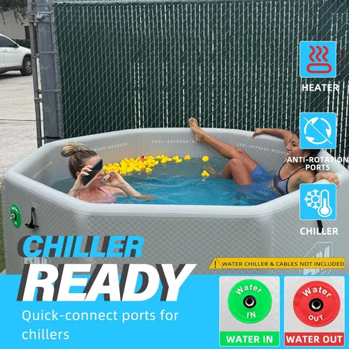 Miniatura 3 de Bañera de hielo octogonal inflable para grupos, bañera fría de fiesta con tapa aislada, compatibilidad con enfriador de agua, sábana de suelo