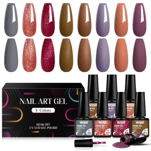 MTSSII Juego de 8 esmaltes de uñas de gel para otoño e invierno, color marrón, rojo, gris, morado, rosa, purpurina, kit de manicura para arte de