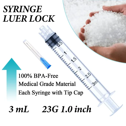 Miniatura 2 de 50 paquetes de jeringuillas desechables de 3 ml con aguja 23Ga de 1.0 pulgada, jeringuillas con bloqueo Luer, envueltas y esterilizadas Paquete de 50