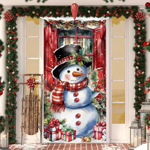 Miniatura 12 de Cubierta de puerta de Navidad, muñeco de nieve, decoración de fondo de fotografía grande, cartel de porche para invierno, interior y exterior