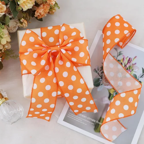 Miniatura 4 de TONIFUL Cinta de arpillera de lunares naranjas de 2.5 pulgadas, cinta con alambre de Pascua, verano, primavera para envolver regalos, hacer lazos