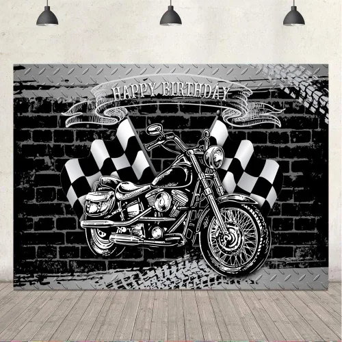 Miniatura 4 de Ticuenicoa Telón de fondo de fiesta de cumpleaños de motocicleta para fotografía, bandera negra y blanca, fondo de pared de ladrillo para hombres